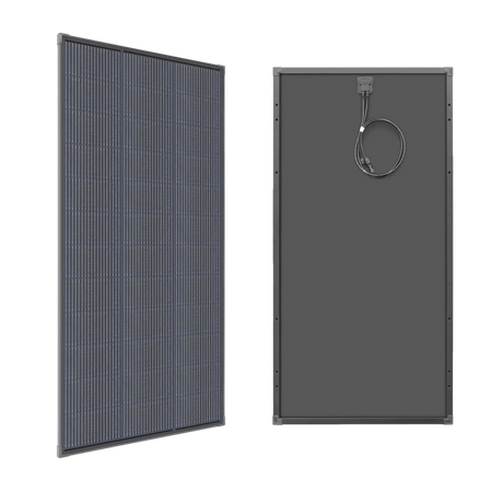 Hardkorr 170W 12V fixed glass solar panel front and back views with the rear junction box and cables visible.