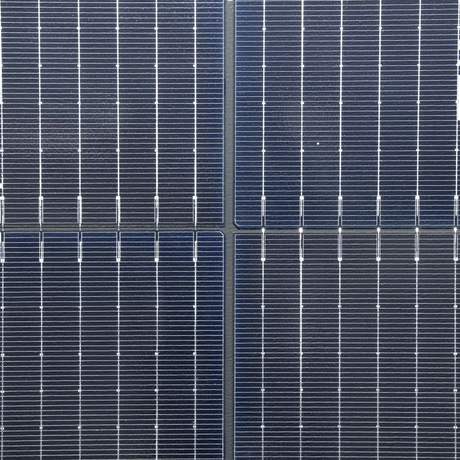 Hardkorr 170W 12V fixed glass solar panel solar cells in close up with fine silver lines beneath the glass.
