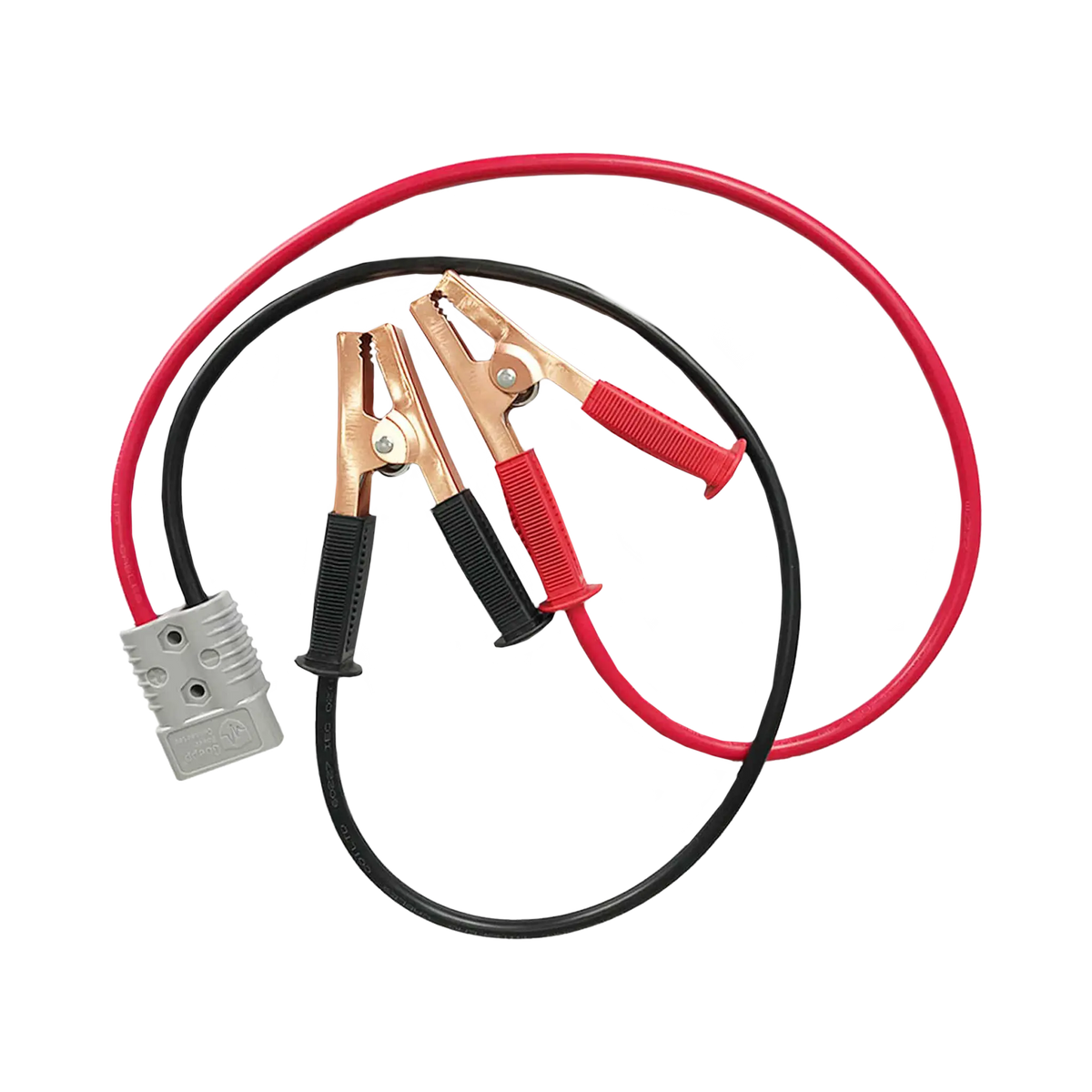 Hardkorr 175A battery box jumper leads with positive and negative battery clamps and a grey Anderson plug.