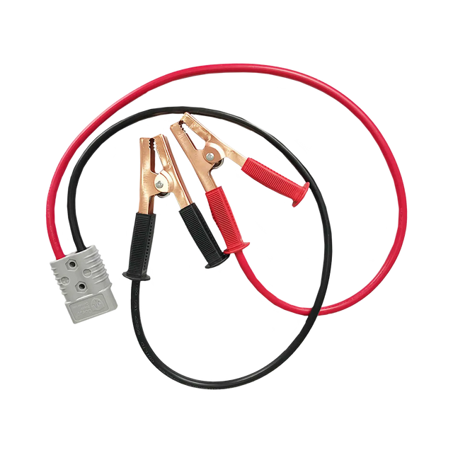 Hardkorr 175A battery box jumper leads with positive and negative battery clamps and a grey Anderson plug.