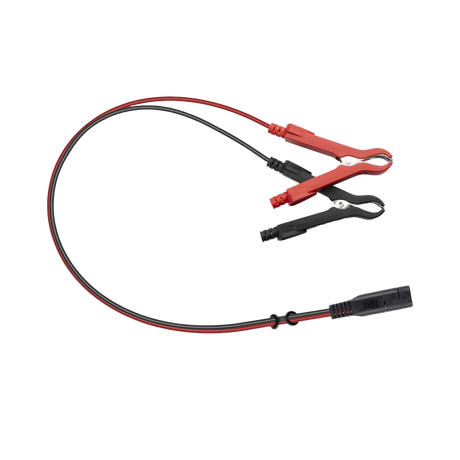 Hardkorr 1A 240V AC battery charger accessory lead with red and black alligator clips.