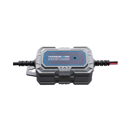 Hardkorr 1A 240V AC battery charger low side view with leads extending from both ends.