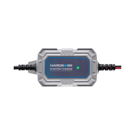Hardkorr 1A 240V AC battery charger straight top view with green indicator light.