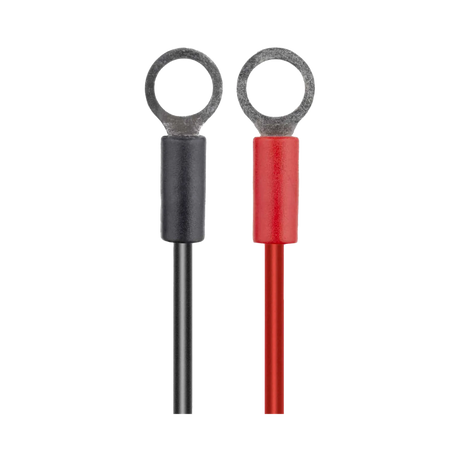 Hardkorr 1A 240V AC battery charger red and black ring terminal lead close up.
