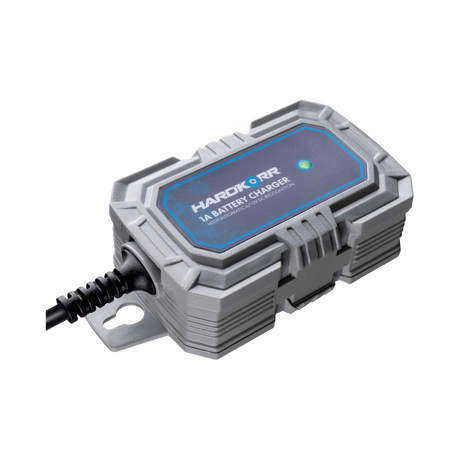 Hardkorr 1A 240V AC battery charger angled top view with green status light.