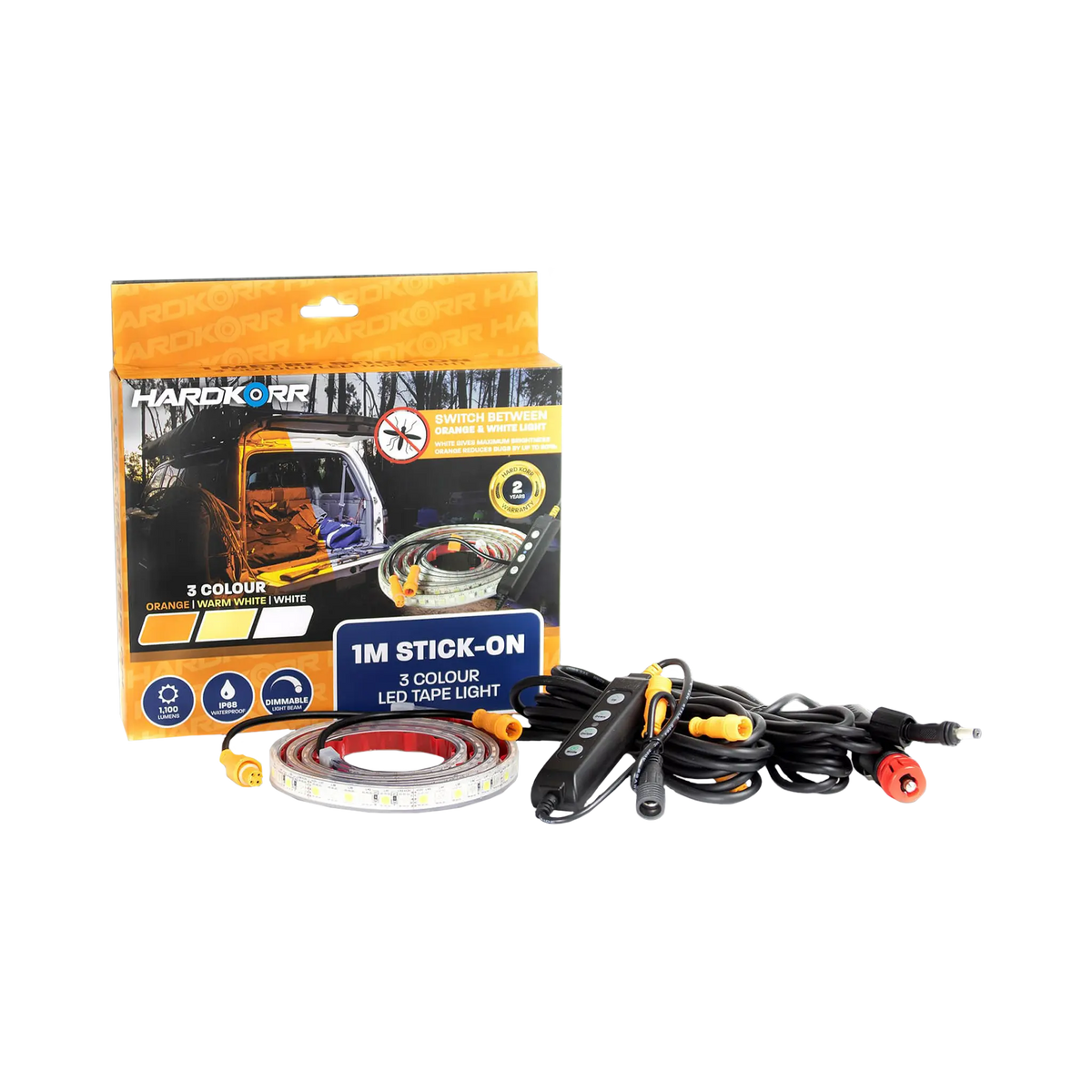 Hardkorr 1m LED tape light with a dimmer, cables and power plug beside the packaging.