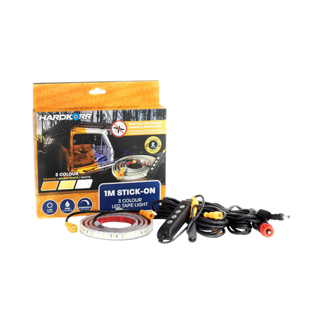 Hardkorr 1m LED tape light with a dimmer, cables and power plug beside the packaging.