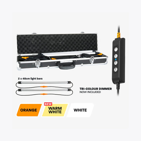 Hardkorr 2 bar LED camp light kit colour guide with a dimmer and orange, warm white and white options.