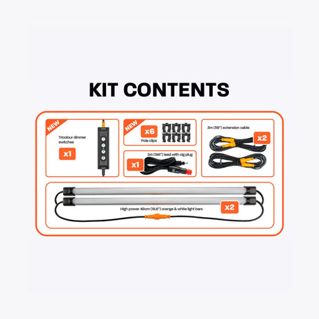 Hardkorr 2 bar LED camp light kit contents diagram listing light bars, a dimmer, mounting clips and cables.