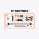 Hardkorr 2 bar LED camp light kit contents diagram listing light bars, a dimmer, mounting clips and cables.