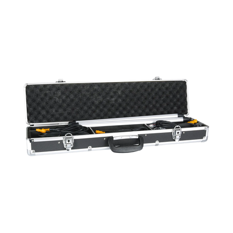 Hardkorr 2 bar LED camp light kit in an open carry case with light bars and coiled cables in compartments.
