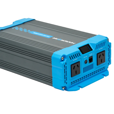 Hardkorr 2000W LS pure sine wave inverter front left close up with two power sockets, a display and controls.