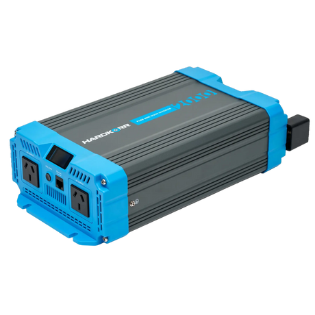 Hardkorr 2000W LS pure sine wave inverter front right view with blue end panels and a ribbed grey housing.