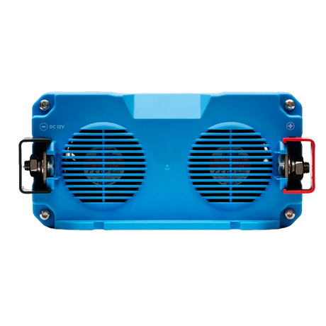 Hardkorr 2000W LS pure sine wave inverter rear view with positive and negative terminals and two cooling fans.