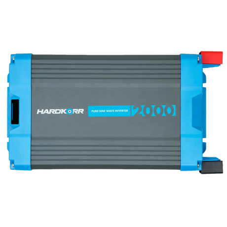 Hardkorr 2000W LS pure sine wave inverter top view with its labelled grey housing and rear terminal covers.