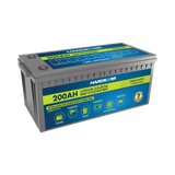 Hardkorr 200Ah 12V lithium battery front left view with a grey case, top terminals and blue and yellow labels.