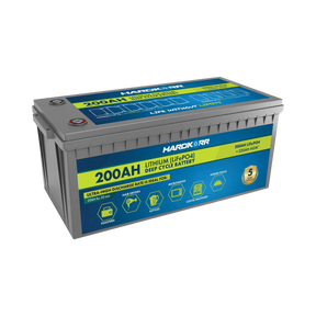 Hardkorr 200Ah 12V lithium battery front left view with a grey case, top terminals and blue and yellow labels.