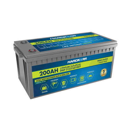 Hardkorr 200Ah 12V lithium battery front left view with a grey case, top terminals and blue and yellow labels.