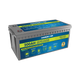 Hardkorr 200Ah 12V lithium battery front left view with a grey case, top terminals and blue and yellow labels.