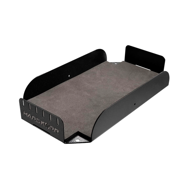 Hardkorr 200Ah lithium battery tray angled view showing the rubber base, side walls and front retaining panel.