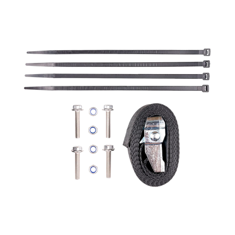 Hardkorr 200Ah lithium battery tray fitting kit with cable ties, bolts, washers and a tie down strap.