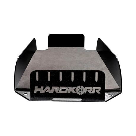 Hardkorr 200Ah lithium battery tray straight front view showing the slotted panel and cutout logo.