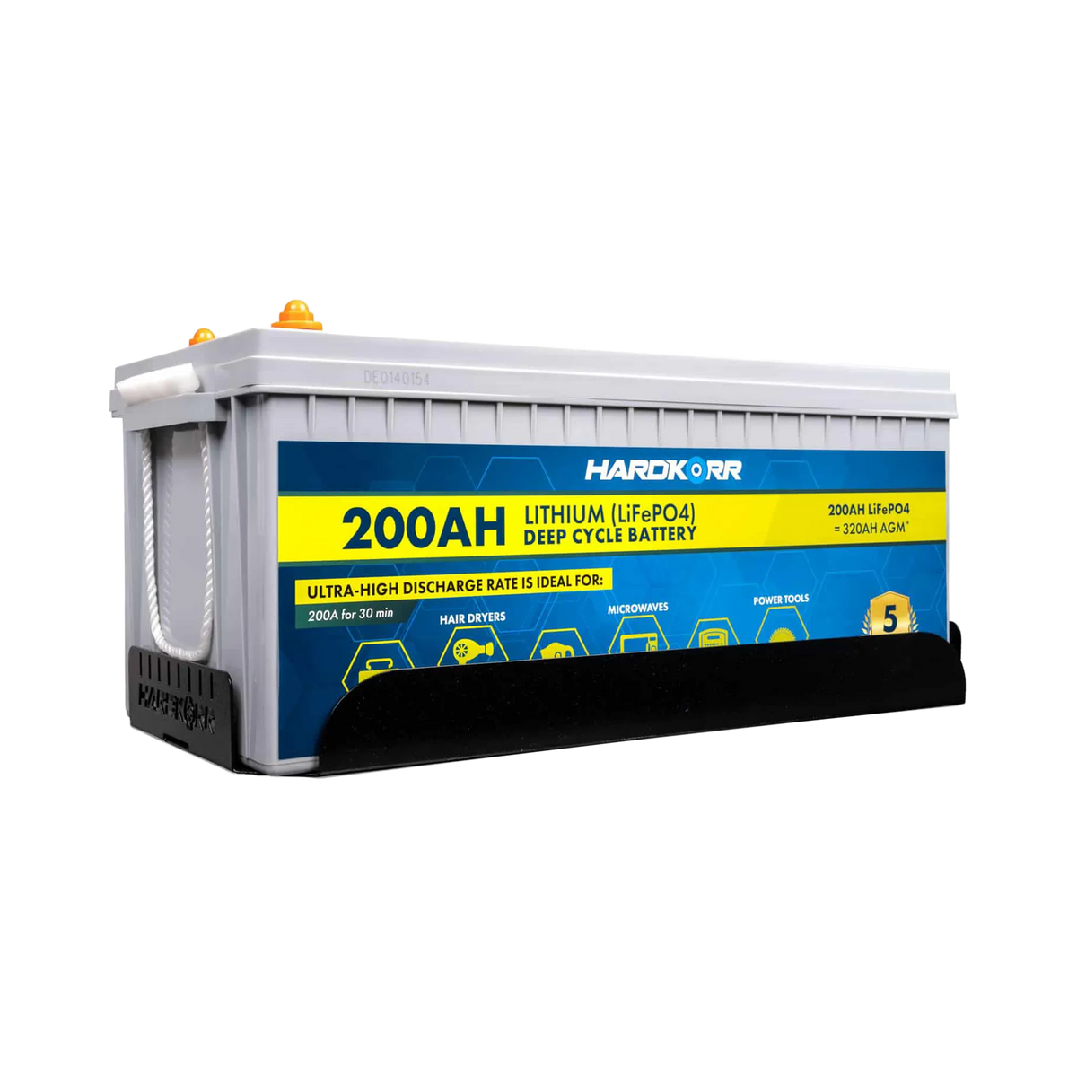 Hardkorr 200Ah lithium battery fitted in the tray with the front retaining panel visible.