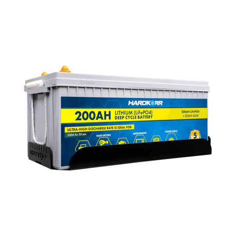 Hardkorr 200Ah lithium battery fitted in the tray with the front retaining panel visible.
