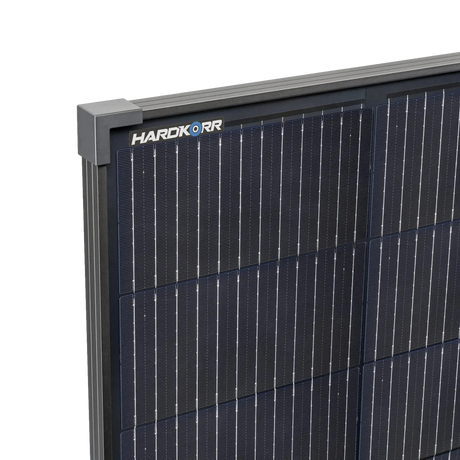 Hardkorr 200W square fixed glass solar panel corner frame detail.