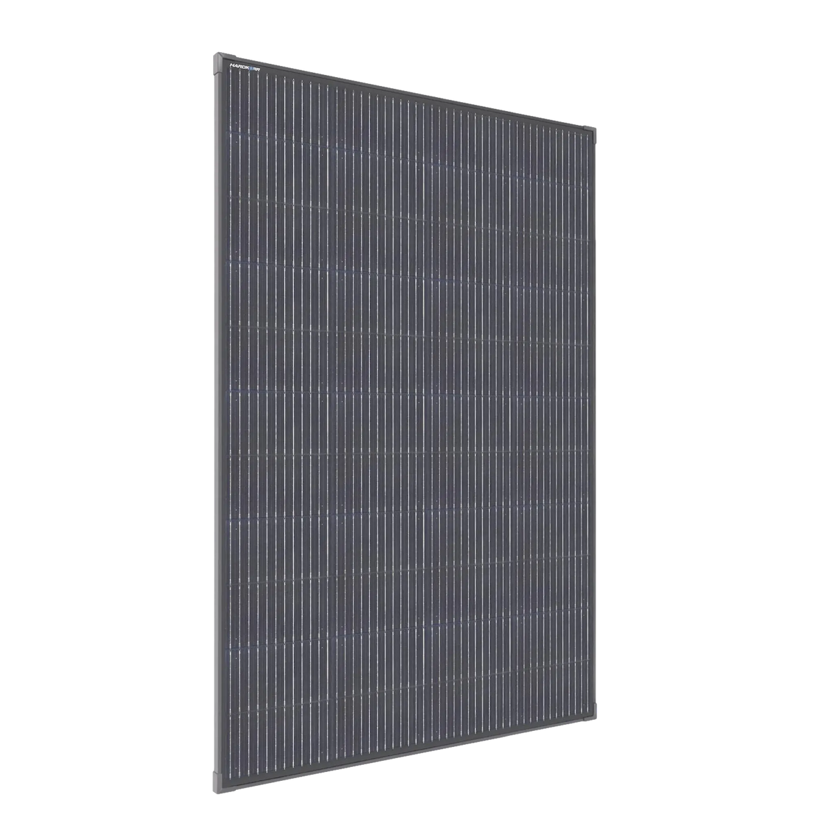 Hardkorr 200W square fixed glass solar panel angled front-side view.