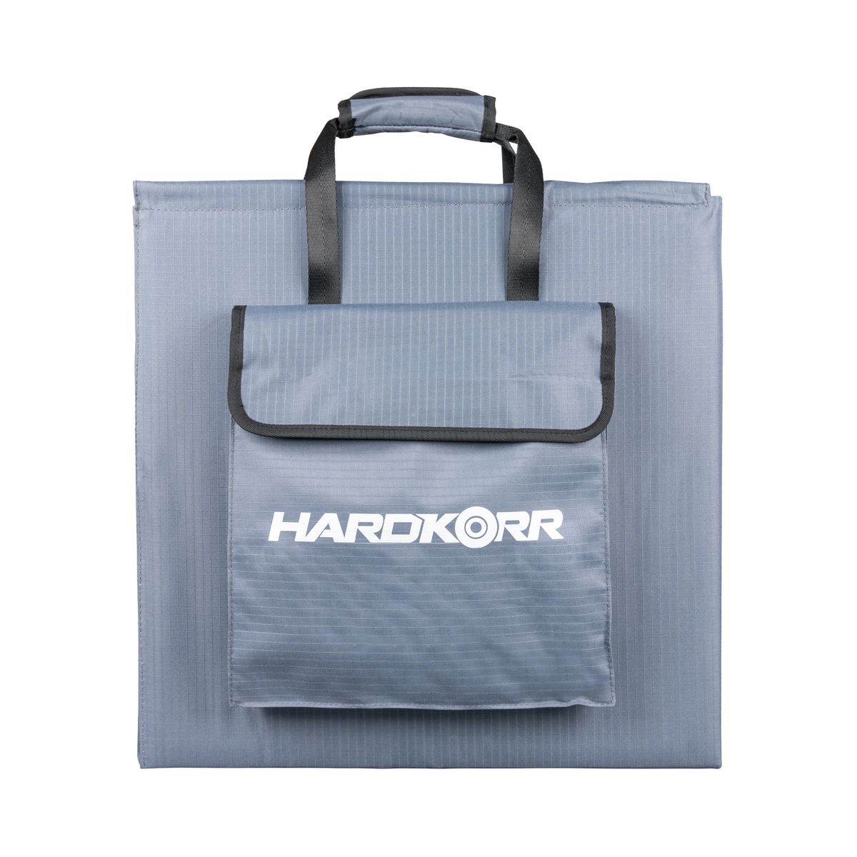 Hardkorr 200W 12V portable solar blanket folded into its grey carry bag with handles and a front storage pocket.