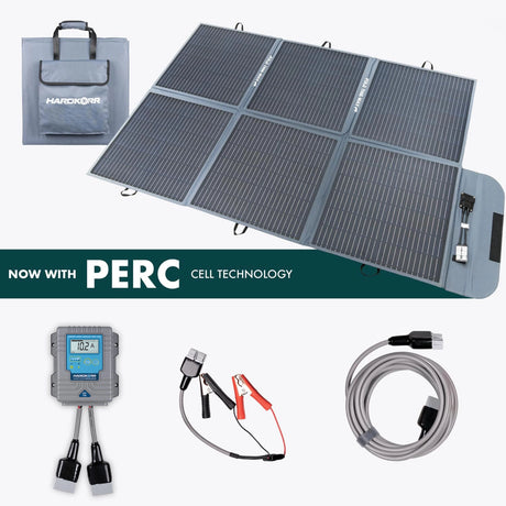 Hardkorr 200W solar blanket kit with carry bag, regulator, extension lead and positive and negative battery clamps.