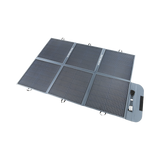 Hardkorr 200W 12V portable solar blanket unfolded with six sections of solar cells and a anderson connector on the end flap.