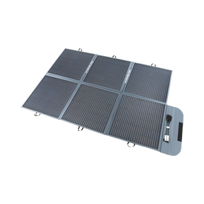 Hardkorr 200W 12V portable solar blanket unfolded with six sections of solar cells and a anderson connector on the end flap.