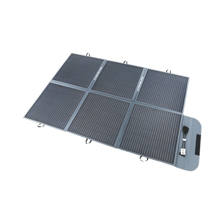 Hardkorr 200W 12V portable solar blanket unfolded with six sections of solar cells and a anderson connector on the end flap.