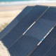 Hardkorr 200W 12V portable solar mat front close up with solar cells and fabric joins at the beach.