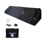 Hardkorr 200W 12V portable solar mat unfolded beside its carry bag, pegs and positive and negative battery clamp lead.