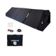 Hardkorr 200W 12V portable solar mat unfolded beside its carry bag, pegs and positive and negative battery clamp lead.