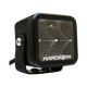 Hardkorr 20W XDW square LED work light front left view with a mounting bracket and side pivot bolt.
