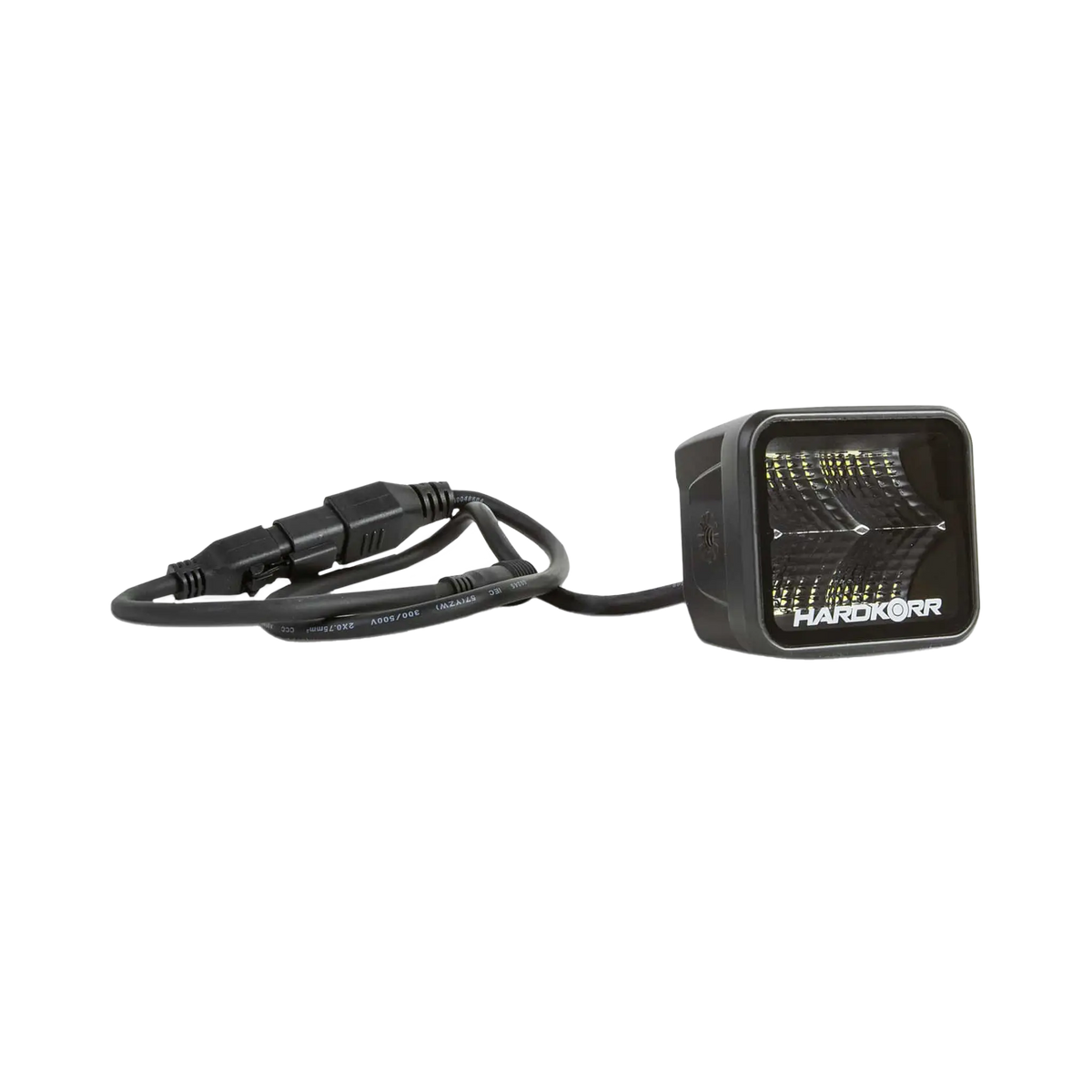 Hardkorr 20W XDW square LED work light angled view with the cable and inline connector laid beside it.