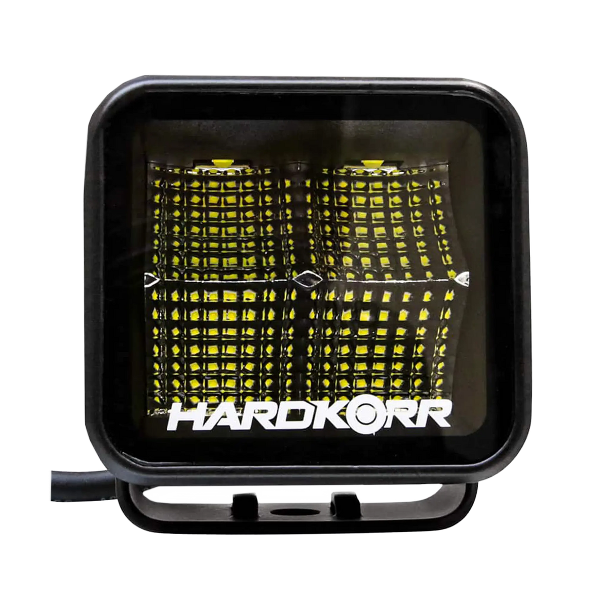 Hardkorr 20W XDW square LED work light front close up with four reflector sections and a slotted mounting bracket.