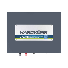 Hardkorr 210Ah 12V slimline lithium battery front view with positive and negative terminal covers.