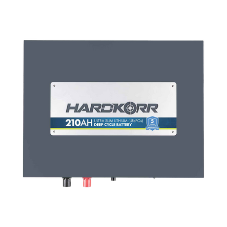 Hardkorr 210Ah 12V slimline lithium battery front view with positive and negative terminal covers.