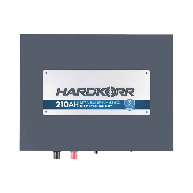 Hardkorr 210Ah 12V slimline lithium battery front view with positive and negative terminal covers.
