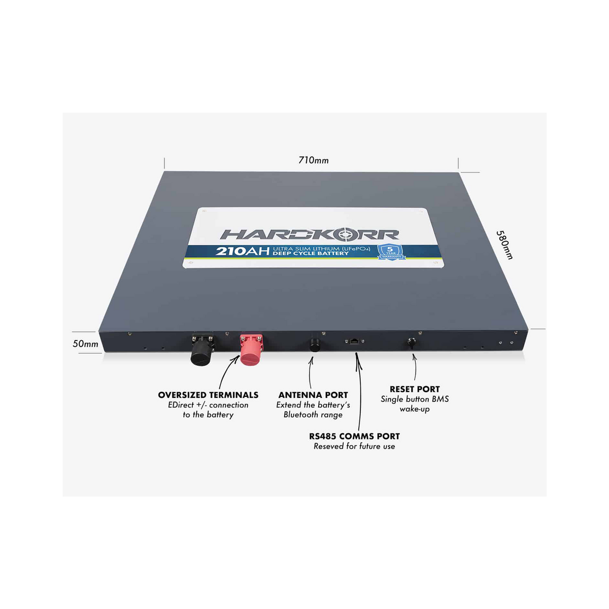 Hardkorr 210Ah 12V slimline lithium battery dimensions diagram with labelled terminals and connection ports.