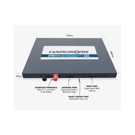 Hardkorr 210Ah 12V slimline lithium battery dimensions diagram with labelled terminals and connection ports.