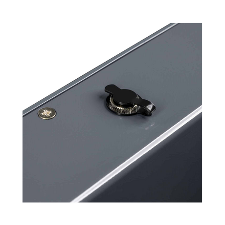 Hardkorr 210Ah 12V slimline lithium battery reset port close up with its black protective cap.