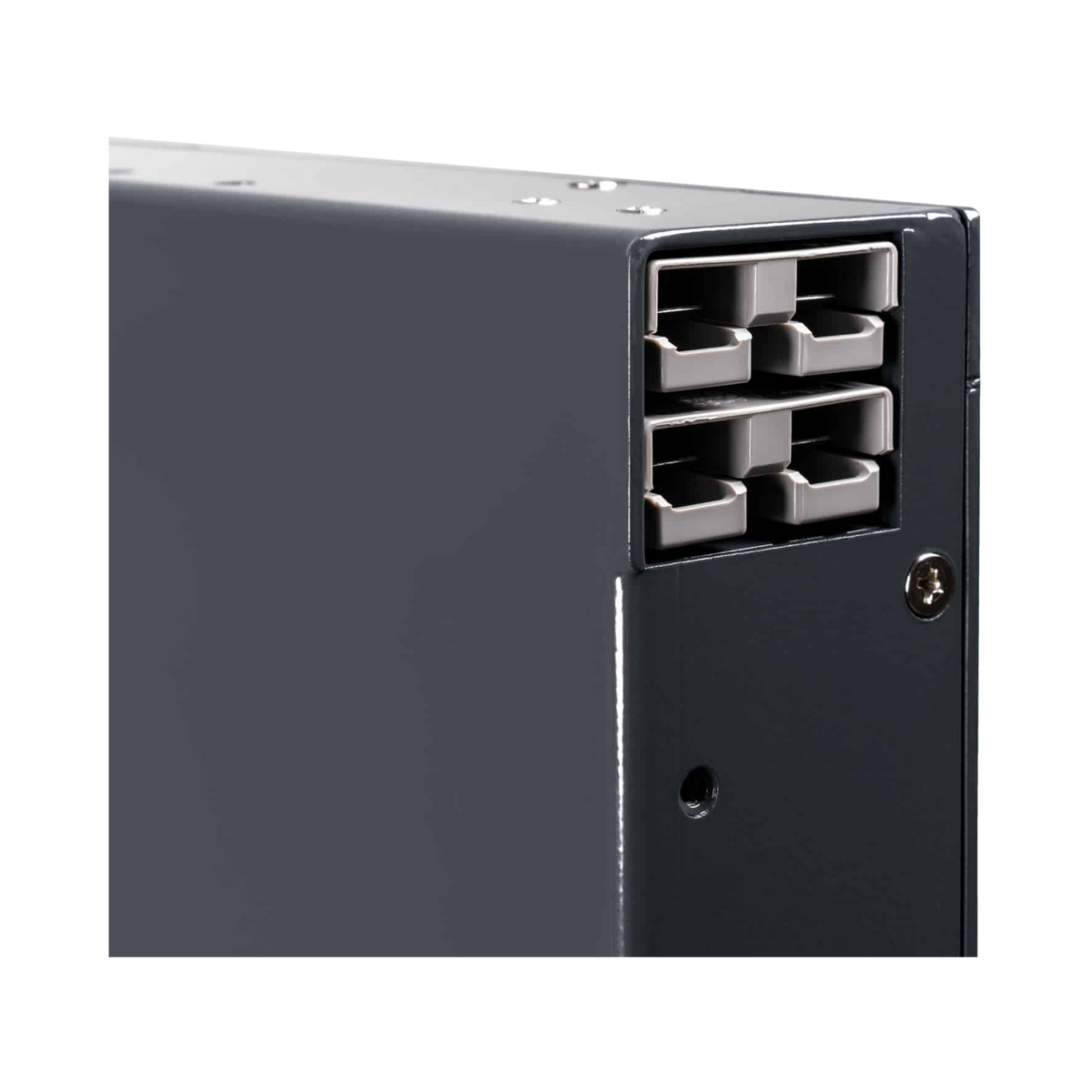 Hardkorr 210Ah 12V slimline lithium battery close up of two grey Anderson connectors recessed into the side.
