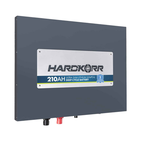 Hardkorr 210Ah 12V slimline lithium battery front left view showing its thin metal case.