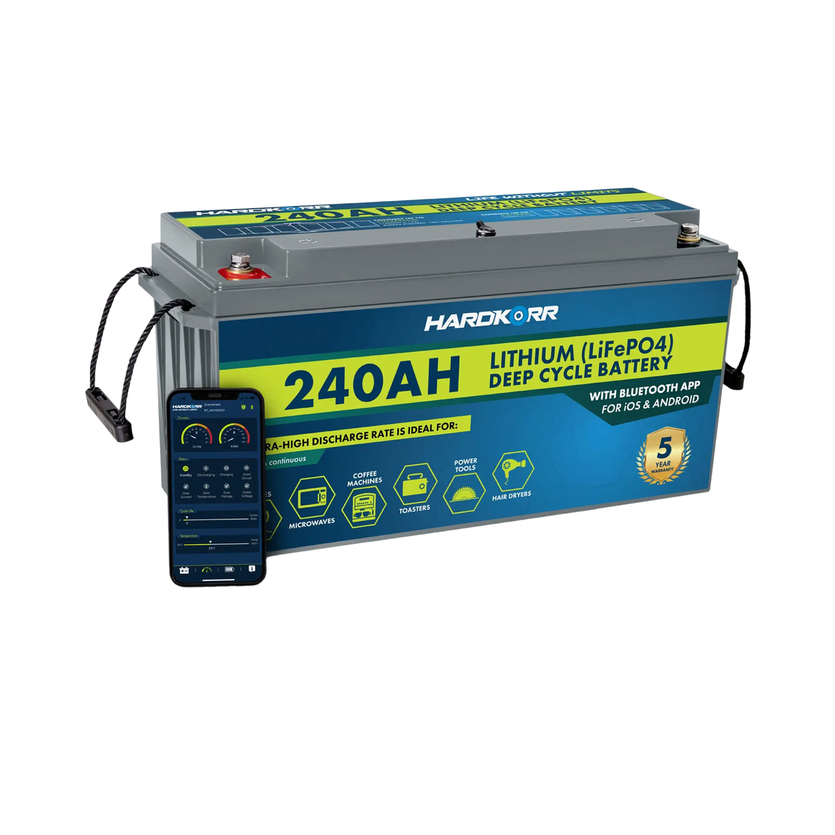 Hardkorr 240Ah 12V lithium battery beside a phone displaying the Bluetooth monitoring app.